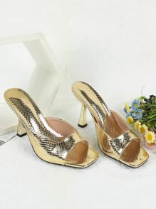 新款 2023 欧美女士露趾高跟防水厚底凉鞋，露趾、细高跟、不对称蛇纹印花鞋面。 - 金色 - 查看 2