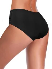 SHEKINI Solid Ring Linked Ruched Bikini Bottom - Black - View 3