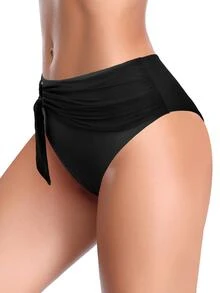 SHEKINI Solid Ring Linked Ruched Bikini Bottom - Black - View 6
