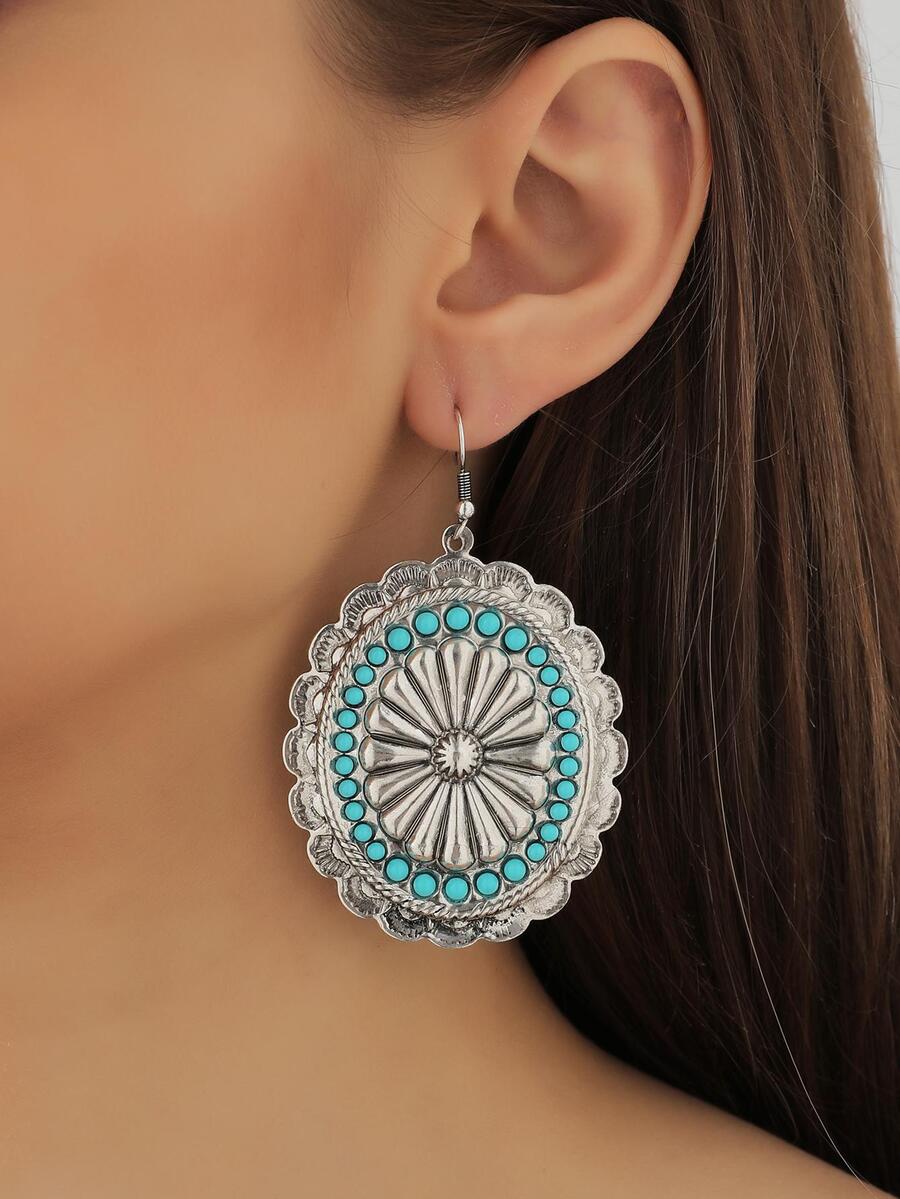 1 đôi bông tai hình bầu dục khắc phương Tây cho nữ - Màu Bạc Cổ - Xem 1