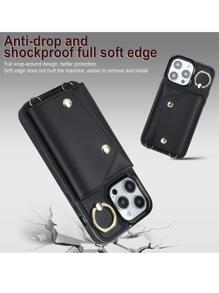 Plain Anti-fall Phone Case With Card Slot & Lanyard - Black - View 2