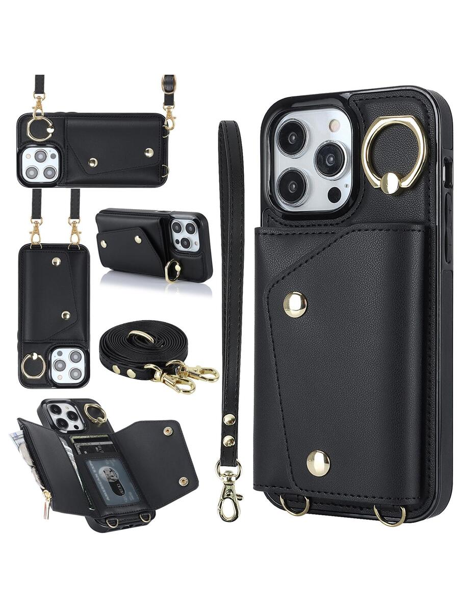 Plain Anti-fall Phone Case With Card Slot & Lanyard - Black - View 1