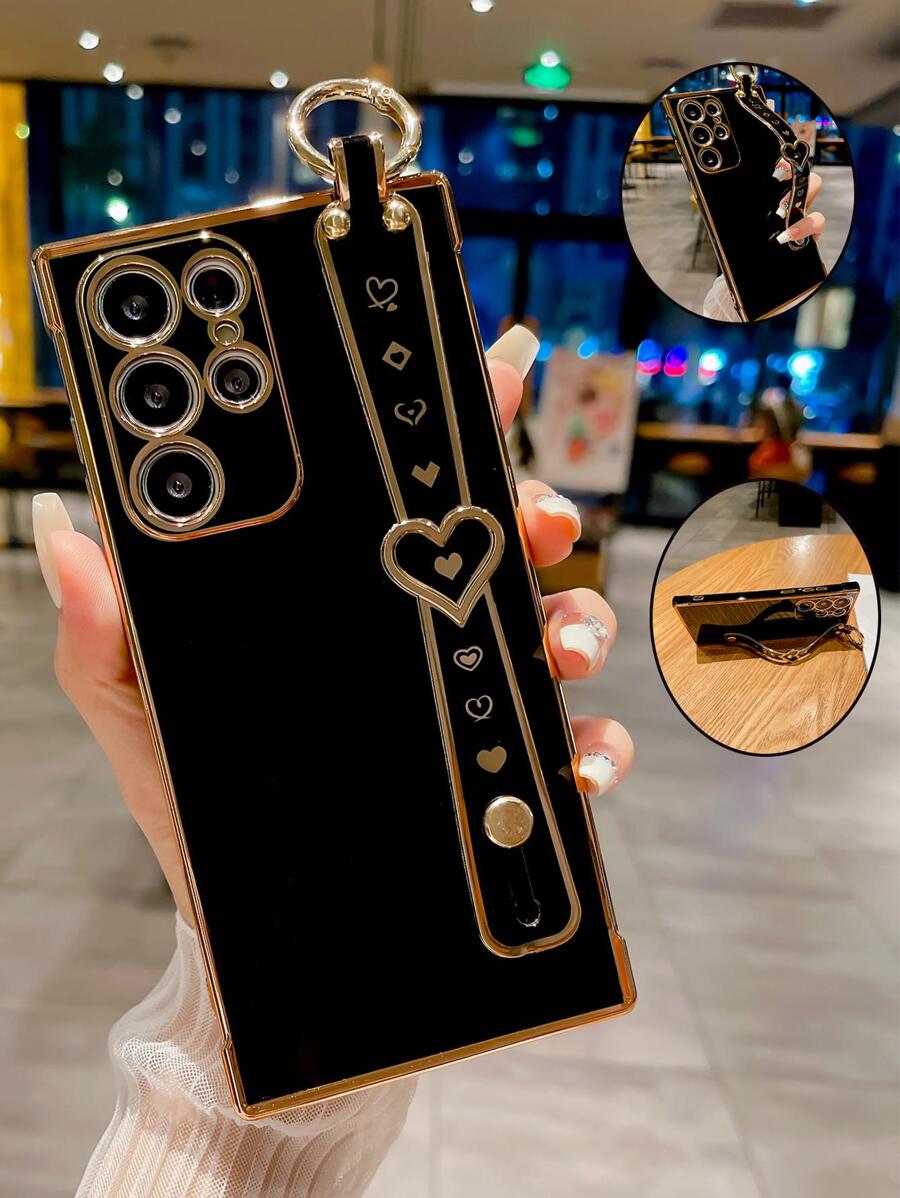 Vỏ điện thoại trang trí trái tim có dây đeo tay - màu đen - Xem 1