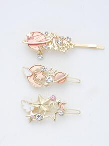 Street 1組(3入)女孩夢幻合金太陽、月亮和星星造型髮夾，日常使用 - 粉色 - 查看 2