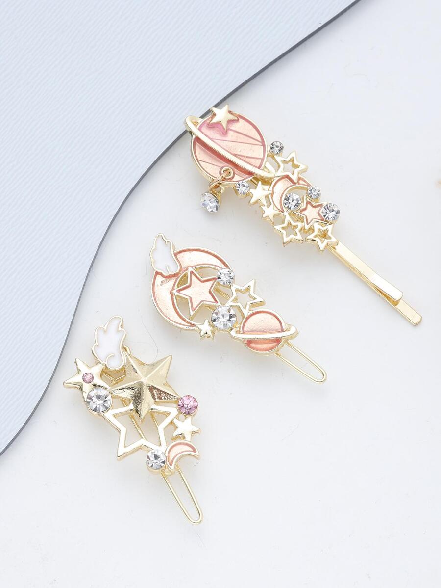 Street 1組(3入)女孩夢幻合金太陽、月亮和星星造型髮夾，日常使用 - 粉色 - 查看 1
