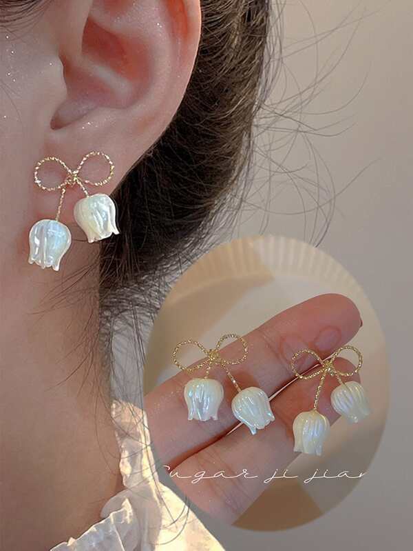 topshiny Boucles d'oreilles à clou décorées d'un nœud et d'une fleur pour la Saint-Valentin, Maman, Mère, Fête des Mères, Cadeau