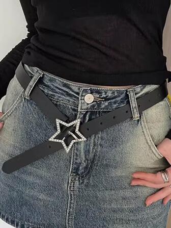 1入組女士黑色全鑲鑽星形扣頭PU腰帶，街頭時尚