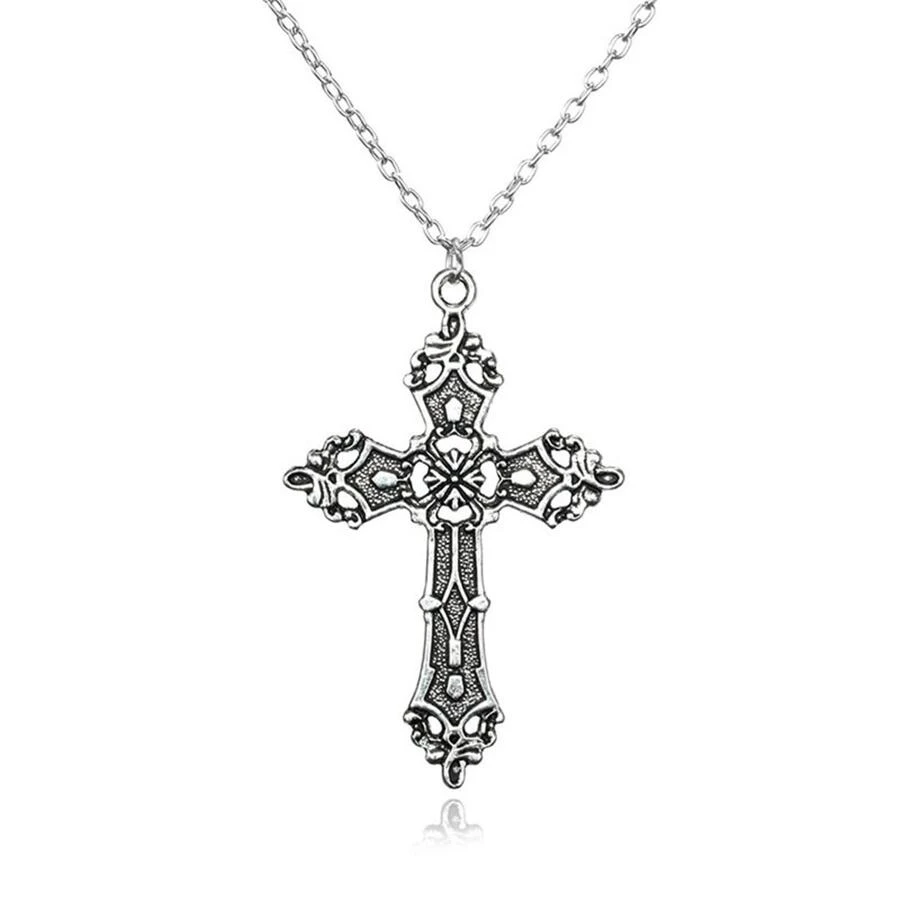 Vintage Distressed Cross Necklace - Silver - View 1