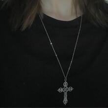 Vintage Distressed Cross Necklace - Silver - View 2