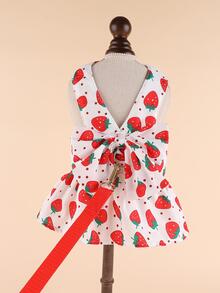 1入組草莓圖案蝴蝶結裝飾寵物洋裝 - 紅色 - 查看 2