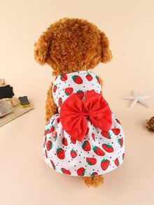 1入組草莓圖案蝴蝶結裝飾寵物洋裝 - 紅色 - 查看 7