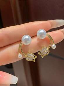 topshiny Tulip-Shaped Earrings For Women, Unique Design, French Style Flower With High-End Cat's Eye Stone & Faux Pearl Decoration Valentines,Mom,Mother,Mother's Day,Gift