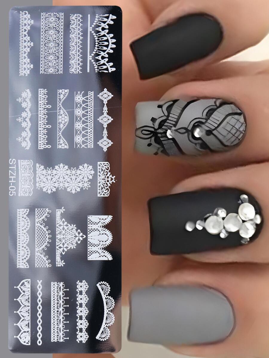 FULL BEAUTY Thanh lịch Ren Nail Art Stamping Tấm Tem Stencil In Công cụ Làm móng - Bạc - Xem 1