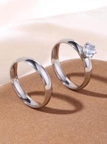 2pcs stainless steel silver Color simple Rhinestone fashion couple ring - Silver - View 1