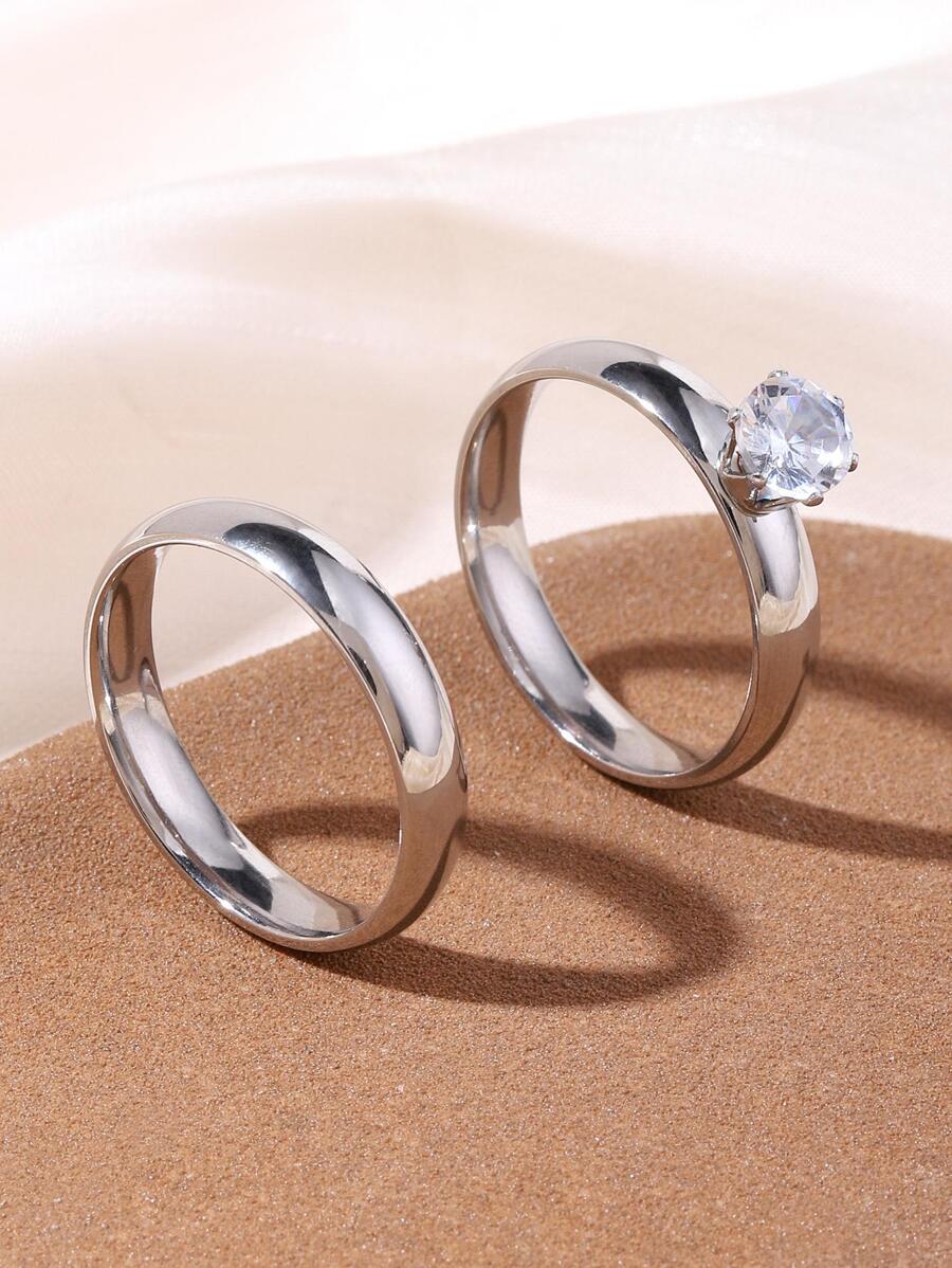 2pcs stainless steel silver Color simple Rhinestone fashion couple ring - Silver - View 1