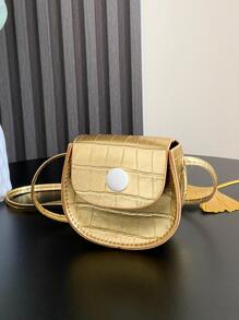 女孩金屬質感鱷魚壓紋翻蓋馬鞍包