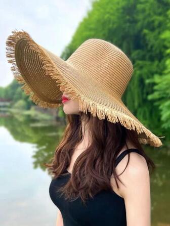 夏季户外大檐沙滩帽大檐遮阳帽女士编织毛边草帽波西米亚风帽子