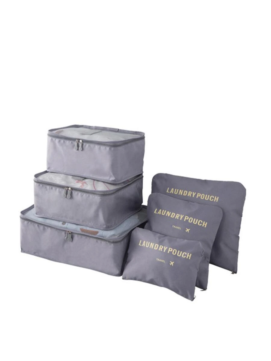6入組字母圖案旅行收納袋灰色帶鞋子洗漱用品和洗衣袋學校用品房間裝飾臥室裝飾宿舍必需品學校學生教師 - 灰色 - 查看 1