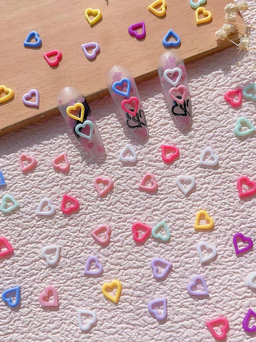 30Pcs Mixed Color Resin Hollow Out Heart Shaped Beads Diy Nail Charms Nail Gems Nail Supplies Nails - Multicolor - View 1