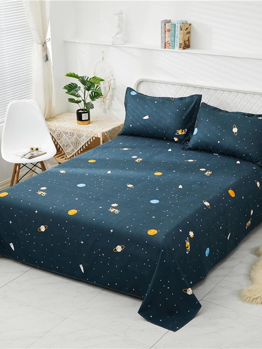 3 Sets Of Comfortable And Warm Planet Printed Bed Sheets And 2 Pillowcases (pillow Core Not Included) - Light Grey - View 1