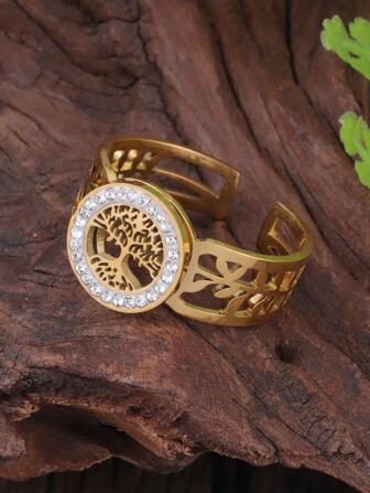 1pc Rhinestone & Tree Decor Cuff Ring