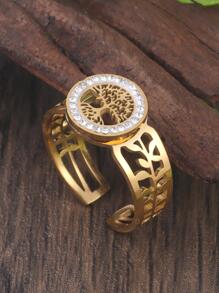 1pc Rhinestone & Tree Decor Cuff Ring - Gold - View 4