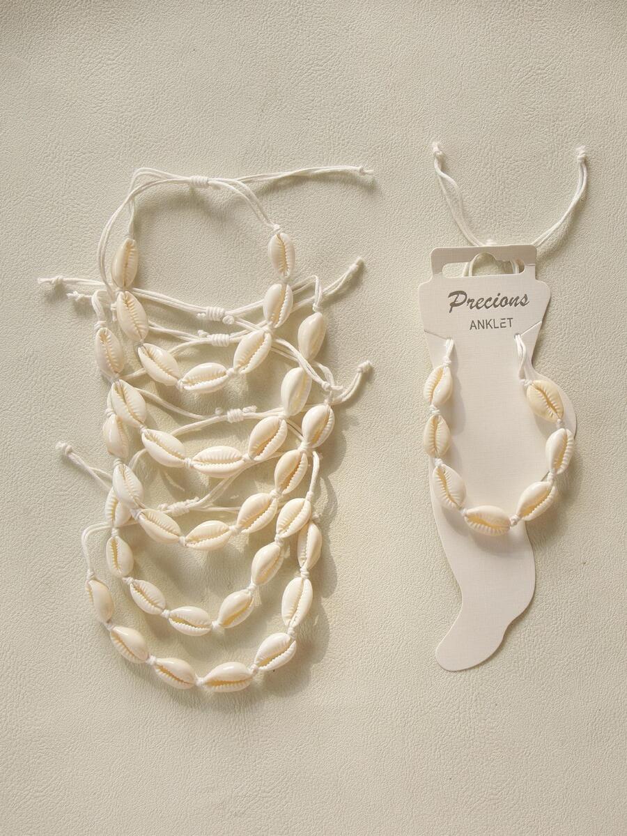 6pcs White Shell Design Adjustable Foot Anklet Set For Girls' Holiday, Party, Wedding Outfits - White - View 1