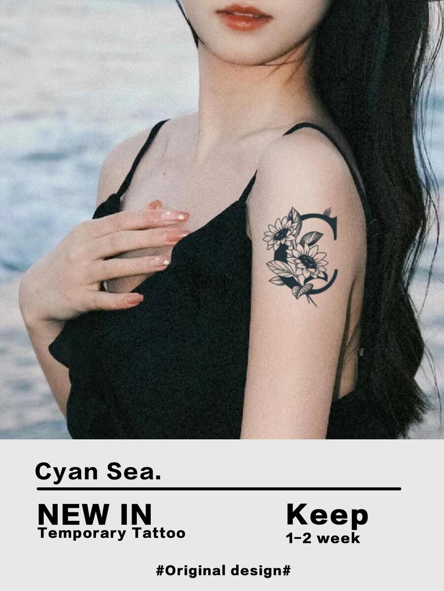 1張向日葵圖案臨時紋身貼 - 黑色 - 查看 1