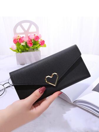 金屬心形裝飾長錢包,黑色時尚三折式信用卡套禮物送老師心形手提包女士錢包