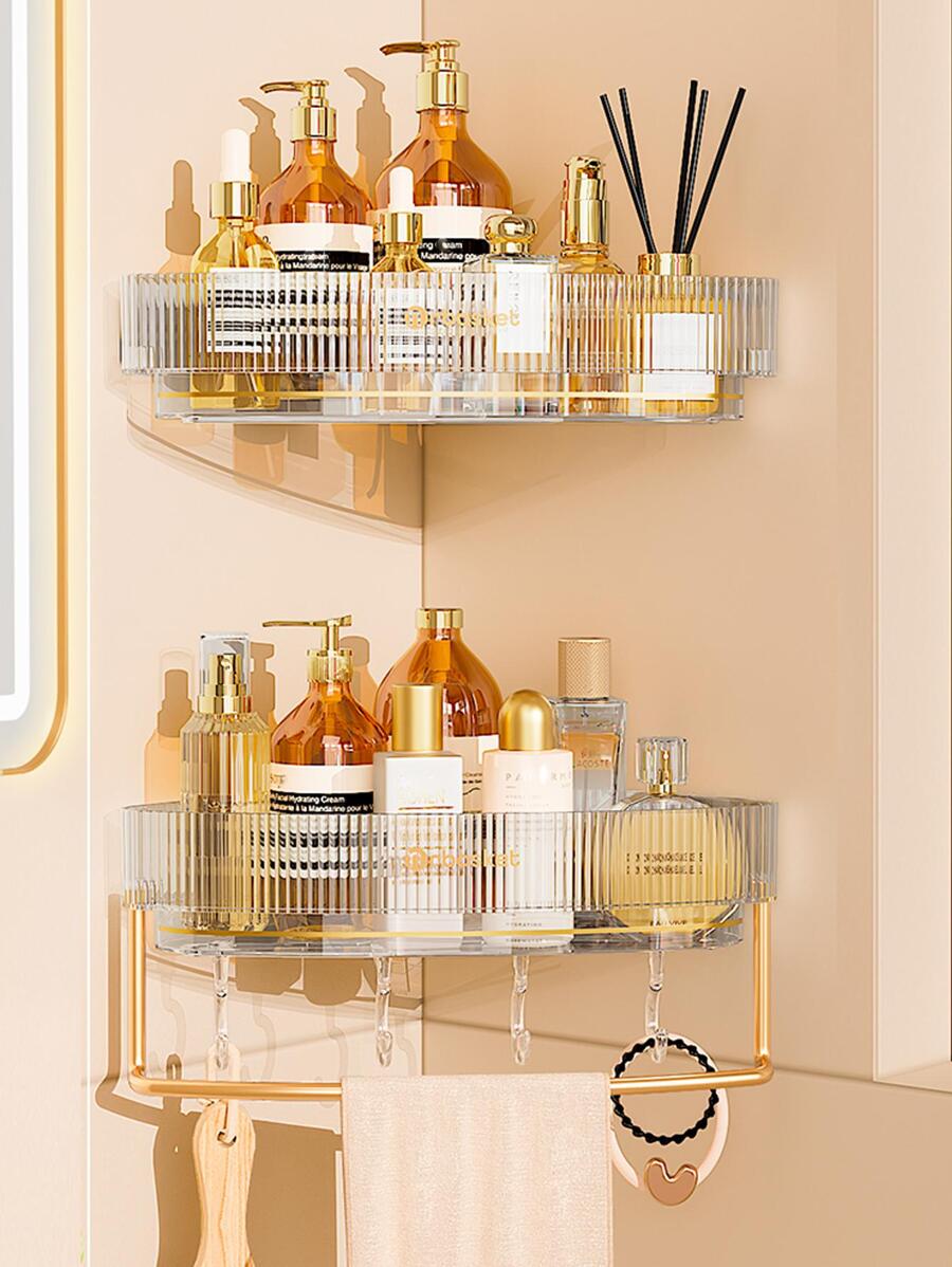 1入組掛壁式透明浴室儲物架三角形浴室架子不附帶沖孔浴室化妝品收納架透明浴室架子多功能浴室太空鋁毛巾竿儲物鉤 - 無色 - 查看 1