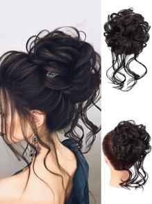 凌亂長鬍鬚髮圈髮髻棕色彈性彈性波浪捲合成10吋女式接髮 - 棕色 - 查看 1