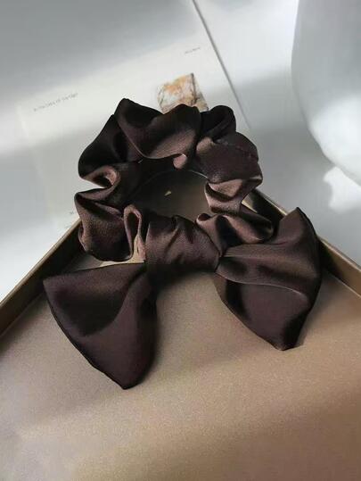 قهوة ساتان عقدة الفراشة معقود عصابة شعر سكرانشي للنساء تسريحة ذيل فرس مقبض اكسسوارت شعر