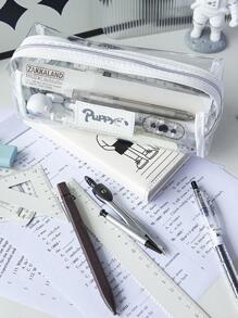 1pc Simple Large Capacity Transparent Student Pencil Case, Waterproof Stationery Storage Bag - Black - View 4