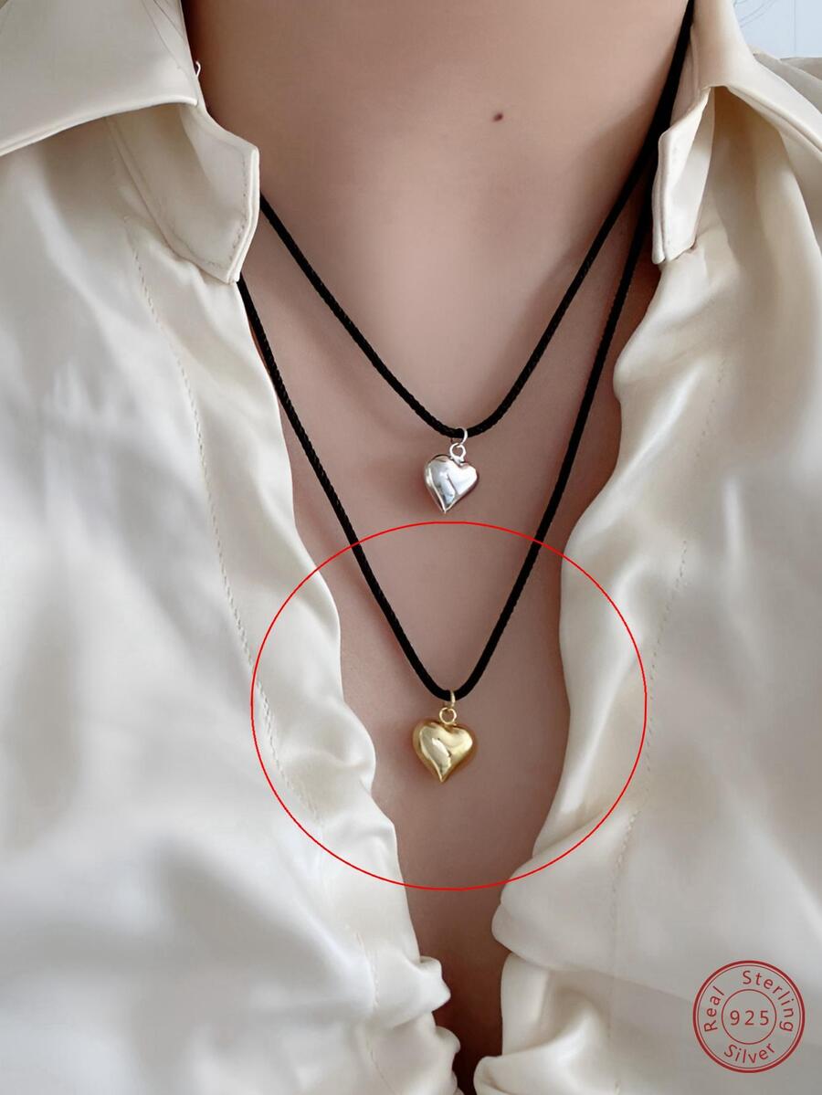 一款 S925 純銀極簡風情愛心墜飾黑色編織繩項鏈,派對生日珠寶禮物,引人注目的夏天配件,日常女性珠寶飾品