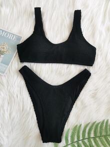 2025 New Sexy Hollow Out Slimming Bikini Set, Ladies Solid Color Two-Piece Swimwear 2pcs, Ribbed Beach Outfit For Vacation - Black - View 3