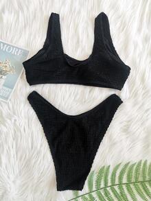 2025 New Sexy Hollow Out Slimming Bikini Set, Ladies Solid Color Two-Piece Swimwear 2pcs, Ribbed Beach Outfit For Vacation - Black - View 4