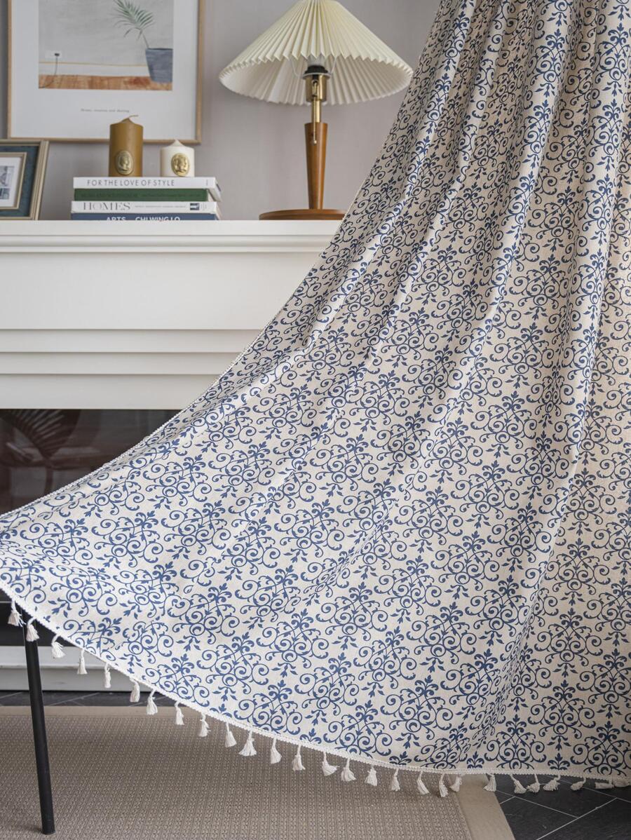 花卉圖案農家風格客廳窗戶窗簾,波西m亞淺褐色的流蘇窗戶窗簾 - 藍白色 - 查看 1