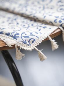 花卉圖案農家風格客廳窗戶窗簾,波西m亞淺褐色的流蘇窗戶窗簾 - 藍白色 - 查看 10