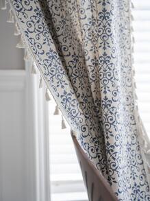 花卉圖案農家風格客廳窗戶窗簾,波西m亞淺褐色的流蘇窗戶窗簾 - 藍白色 - 查看 4