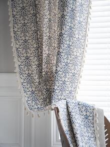 花卉圖案農家風格客廳窗戶窗簾,波西m亞淺褐色的流蘇窗戶窗簾 - 藍白色 - 查看 2