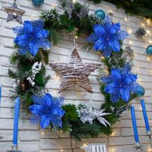 12 件/6 件/1 套人造圣诞花（带夹子）、可爱的人造一品红圣诞树装饰、可重复使用的闪光人造圣诞花（用于 DIY 花环、家居装饰、婚礼派对、节日派对装饰、圣诞节/节日/季节性/婚礼圣诞树饰品、闪亮的冬季灌木装饰）、适用于圣诞节、新年、婚礼、花环、楼梯、窗户、壁炉、圣诞树 - 藍色 - 查看 7