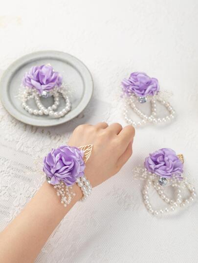 4 piezas Corsage de muñeca simulado para novia y dama de honor, Brazalete elástico con cuentas y flor falsa para el Día de San Valentín