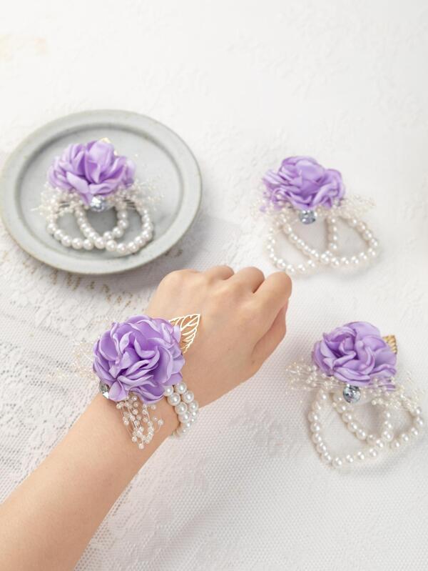 4pcs Bridal Bridesmaid Simulated Wrist Corsage Elastic Beaded Bracelet And Faux Flower Valentine's Day Valentines