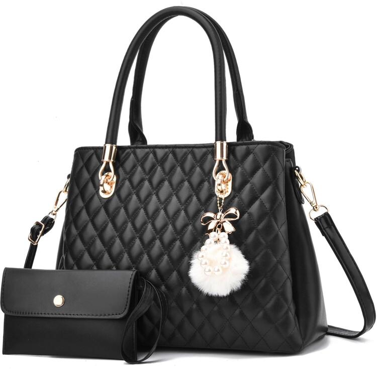 I IHAYNER Women Handbags Quilted Purse Large Shoulder Bag Crossbody Bag for Women Top-Handle Tote Satchel Hobo 2pcs Purse Set - 黑色 - 查看 1