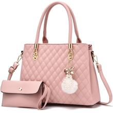 I IHAYNER Women Handbags Quilted Purse Large Shoulder Bag Crossbody Bag for Women Top-Handle Tote Satchel Hobo 2pcs Purse Set - Pink - View 1