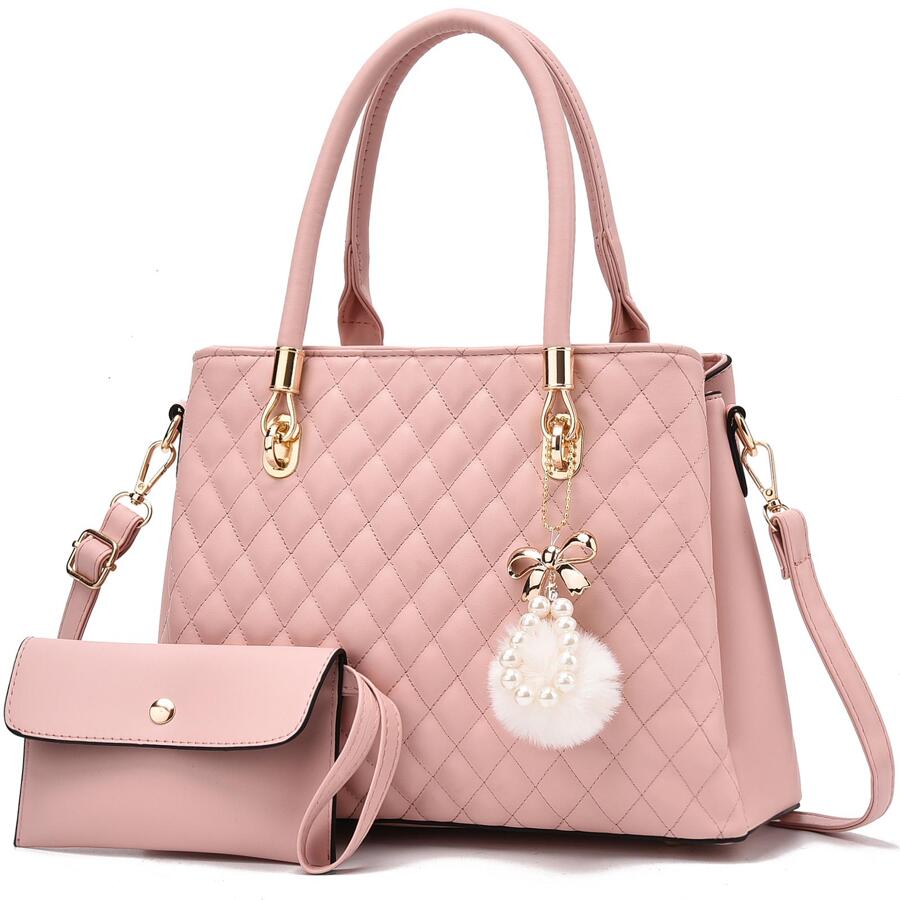 I IHAYNER Women Handbags Quilted Purse Large Shoulder Bag Crossbody Bag for Women Top-Handle Tote Satchel Hobo 2pcs Purse Set - Pink - View 1