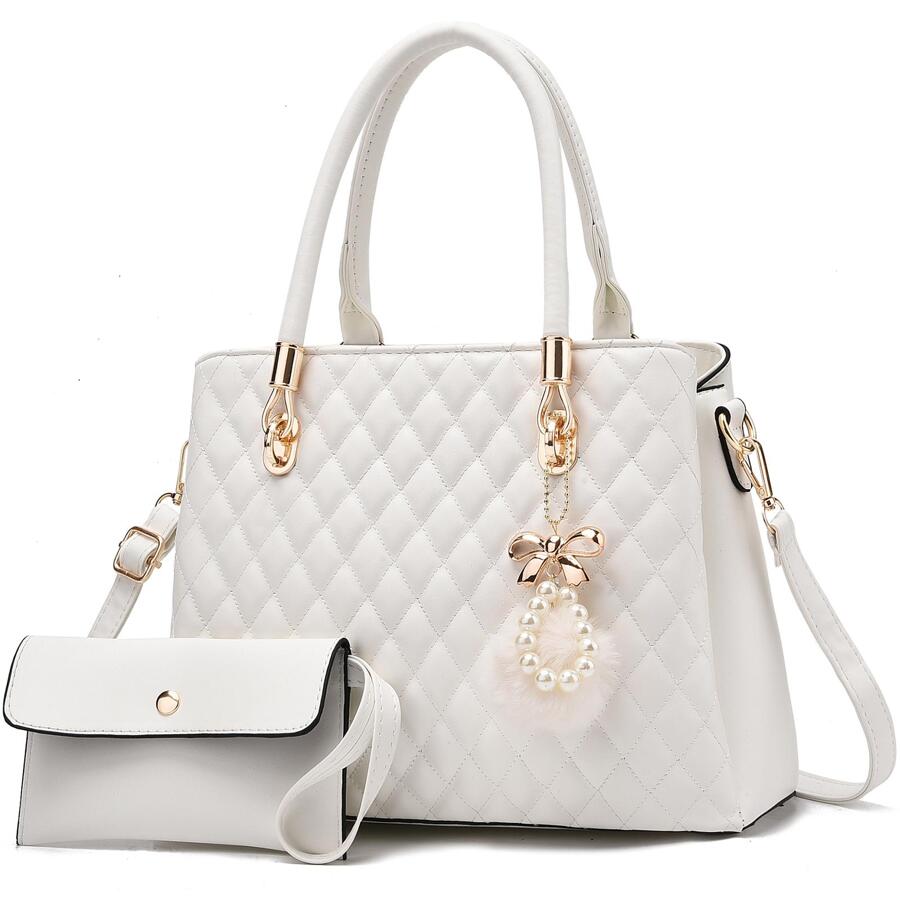 I IHAYNER Women Handbags Quilted Purse Large Shoulder Bag Crossbody Bag for Women Top-Handle Tote Satchel Hobo 2pcs Purse Set - 白色 - 查看 1