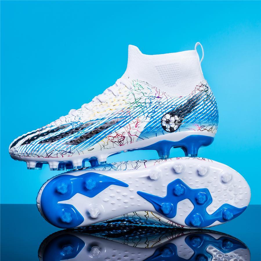 1 par de zapatos de fútbol de caña alta con puntas AG largas, antideslizantes y cómodos, estilo unisex para adultos, parejas, competencia al aire libre y zapatos de entrenamiento completos para adolescentes - Patrón de rayos Colores y ubicaciones aleatorias - Blanco - Ver 1