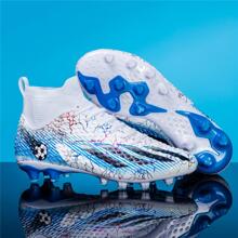 1 par de zapatos de fútbol de caña alta con puntas AG largas, antideslizantes y cómodos, estilo unisex para adultos, parejas, competencia al aire libre y zapatos de entrenamiento completos para adolescentes - Patrón de rayos Colores y ubicaciones aleatorias - Blanco - Ver 3