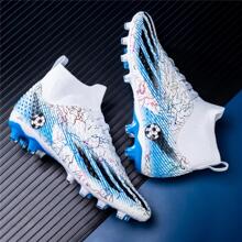 1 par de zapatos de fútbol de caña alta con puntas AG largas, antideslizantes y cómodos, estilo unisex para adultos, parejas, competencia al aire libre y zapatos de entrenamiento completos para adolescentes - Patrón de rayos Colores y ubicaciones aleatorias - Blanco - Ver 5